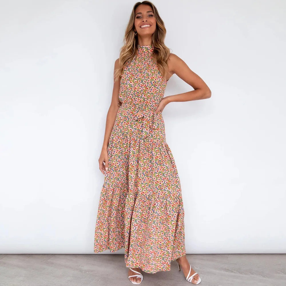 Summer Floral Print Halter Neck Dresses For Women Sleeveless Leace-up Long Dress Casual Beach Holiday Vestidos Female Clothing