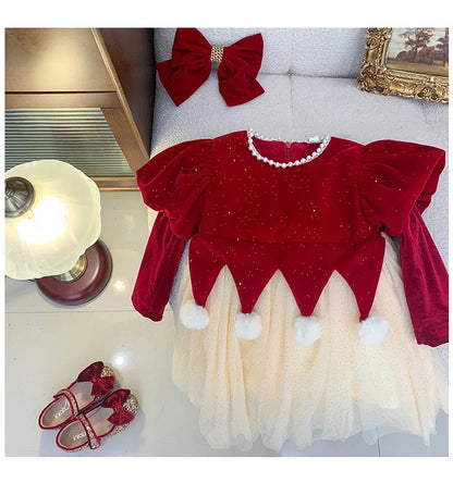 Winter Bow Sequin Dress for Girls' 2025 New Fashion Baby Red Christmas Dresses Velvet Patchwork Mesh A-line Princess Dress