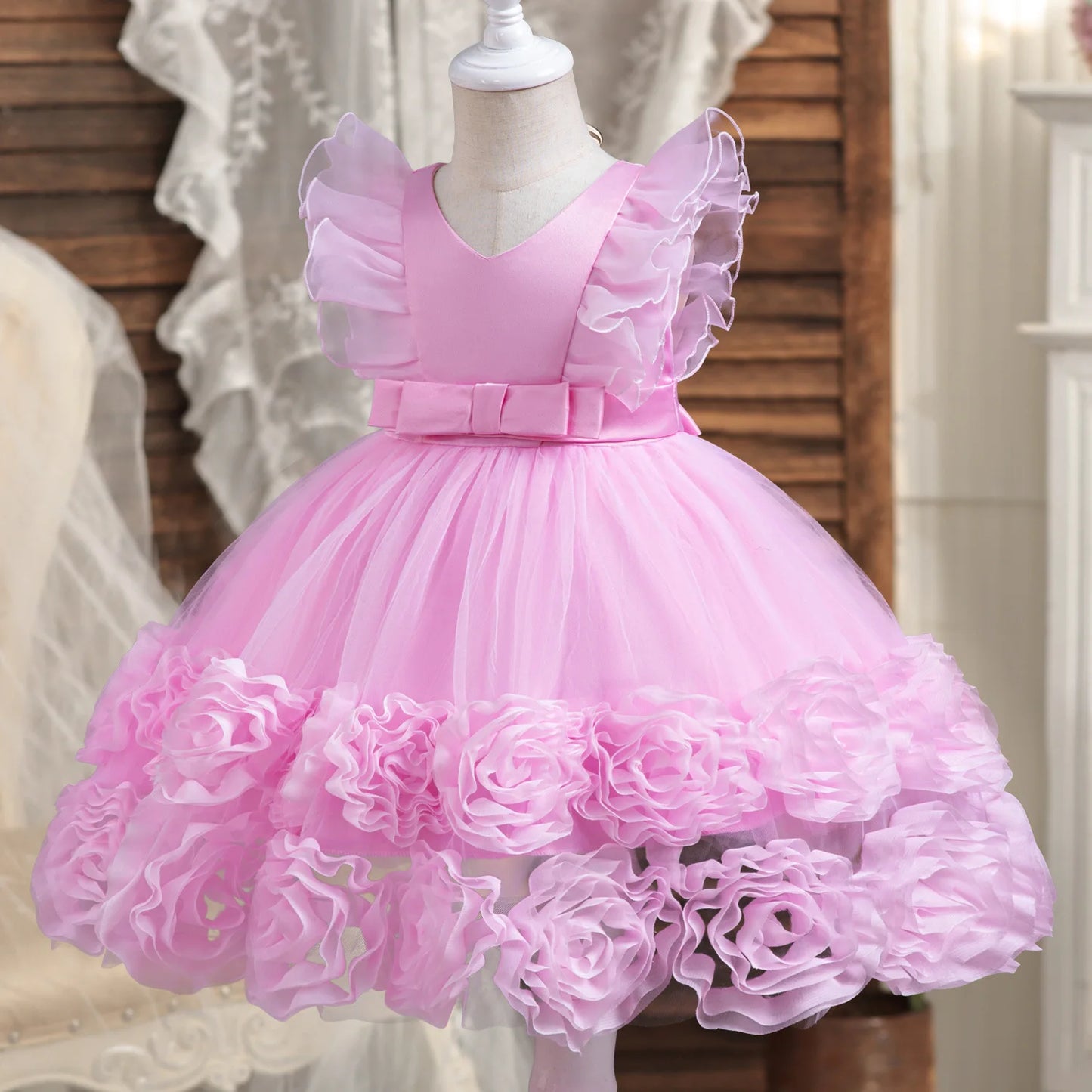 Elegant Party Dresses For Flower Girls Flying Sleeves Bow Puffy Princess Dress For Children Birthday Wedding Baptism Prom Gown