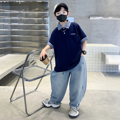 Boys Summer Clothing Set Children Short-Sleeve Polo Shirt Top+ Denim Pants Two-Piece Set 2025 New