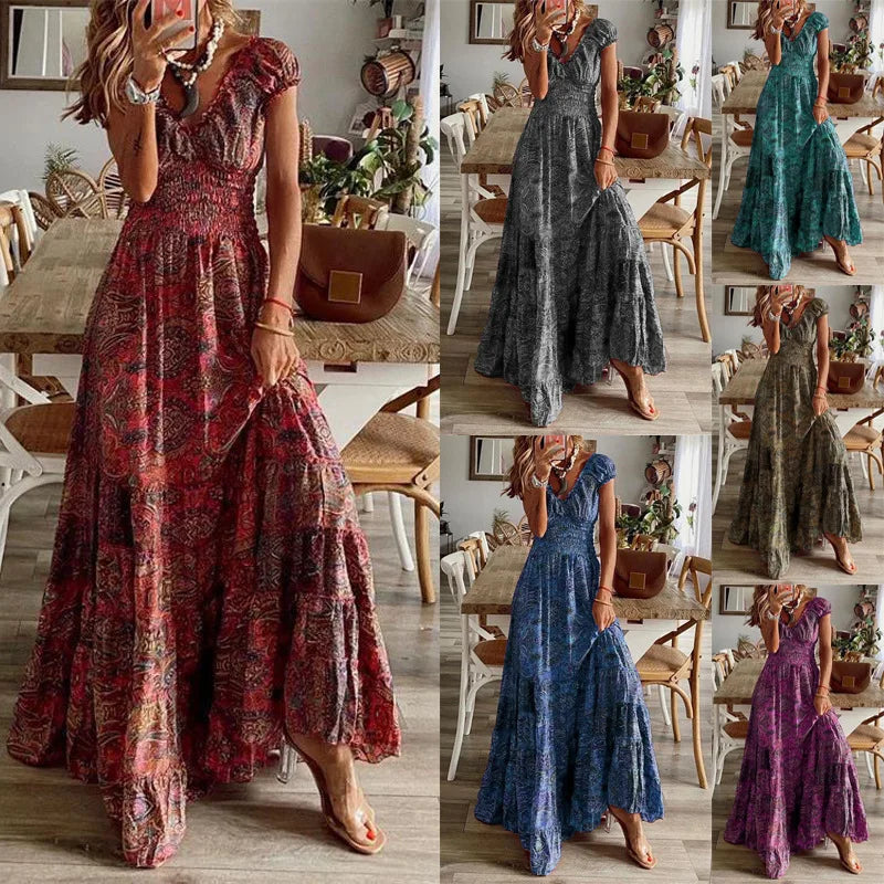 Women's Summer New Ethnic Style Printed Dress  Short-sleeved Waist Dress Fashionable Floral Petal Sleeves Large Hem A-line Dress