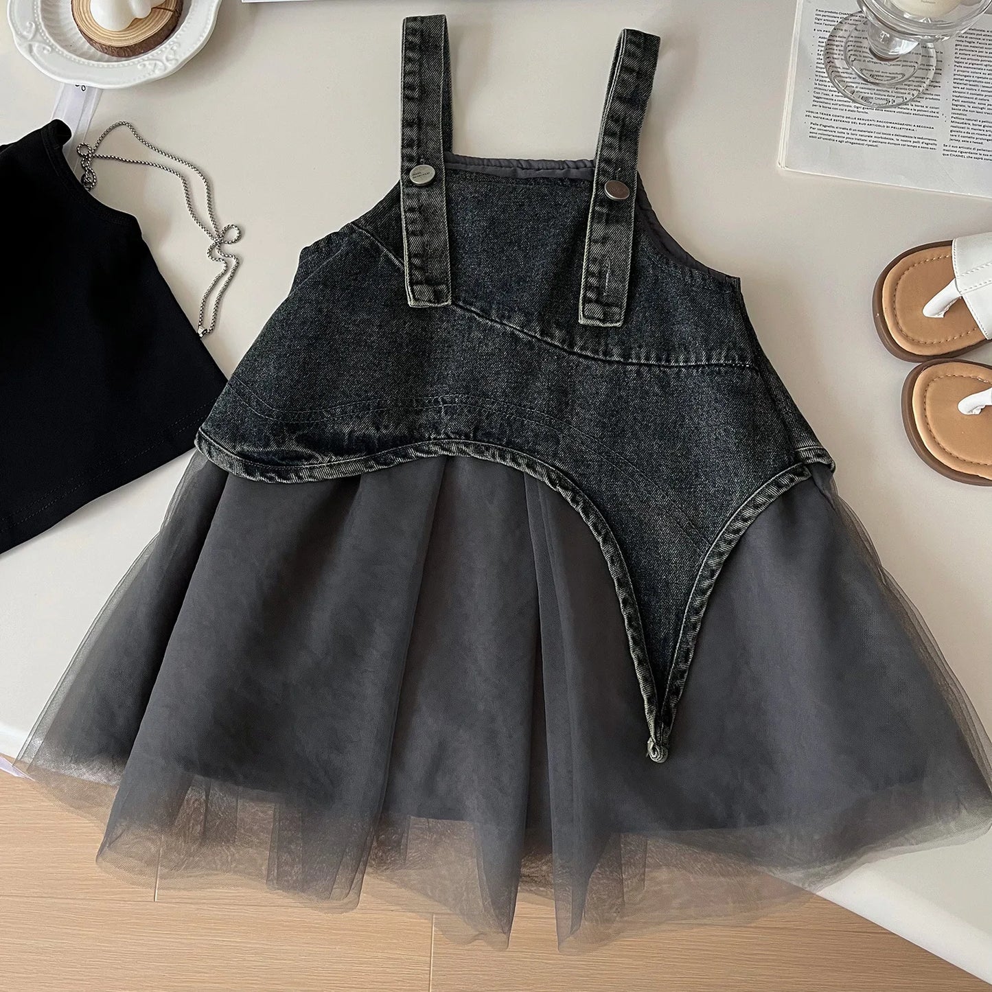Girls Summer Dress 2025 New Summer Strap Dress Children Princess Denim Fashion Yarn Patchwork Dress