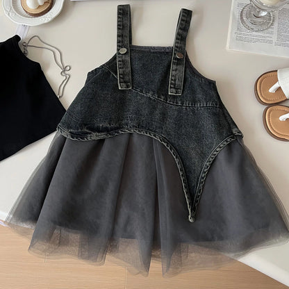 Girls Summer Dress 2025 New Summer Strap Dress Children Princess Denim Fashion Yarn Patchwork Dress