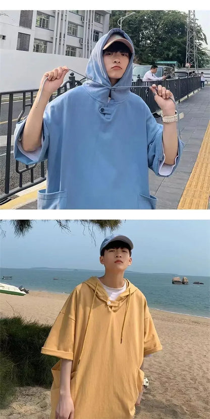 Summer Men's Short-sleeved Sweatshirt with Hat High Street Trend New T-shirt Half-sleeved Hooded Denim T-shirt