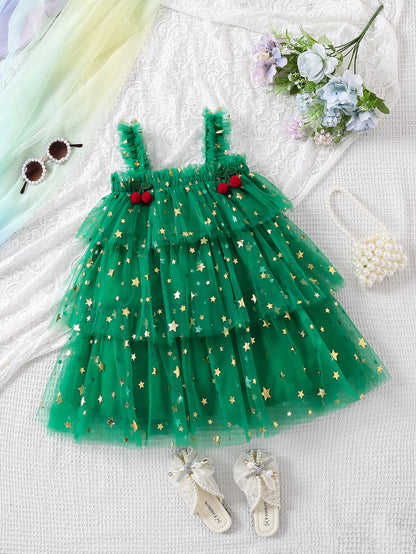 Girls' summer fashion and simplicity: five-pointed star printed cake dress, princess mesh puffy dress, cute halter dress