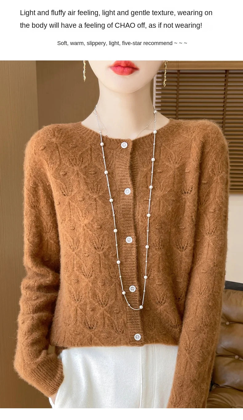 2024 Autumn And Winter New Round Neck Hollowed Out 100 Wool Knitted Cardigan Women's Versatile Coat Loose Casual Sweater DMR281