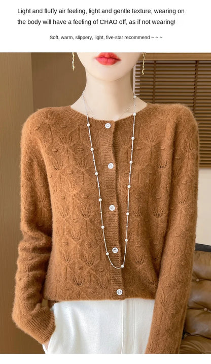 2024 Autumn And Winter New Round Neck Hollowed Out 100 Wool Knitted Cardigan Women's Versatile Coat Loose Casual Sweater DMR281