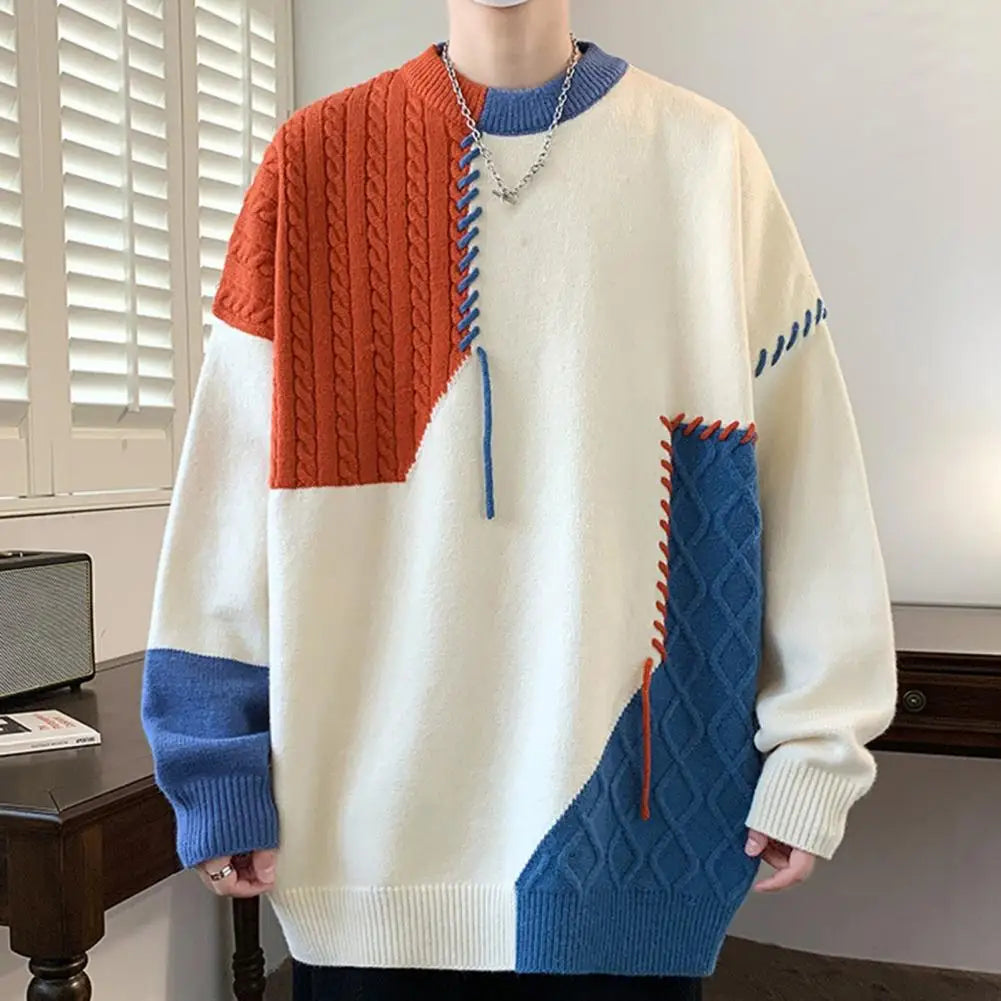 Men Loose Sweater Stylish Men's Winter Sweater with Irregular Colorblock Design Round Neck Knitted Detail Thick Sport for Cold