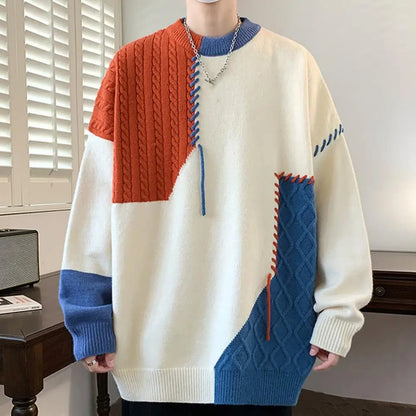 Men Loose Sweater Stylish Men's Winter Sweater with Irregular Colorblock Design Round Neck Knitted Detail Thick Sport for Cold