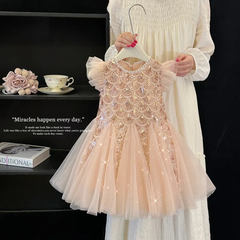 Girls Dress 2025 Summer New Children Elegant Princess Dress Baby Fashion Mesh Flying Sleeve Tank Top Dress
