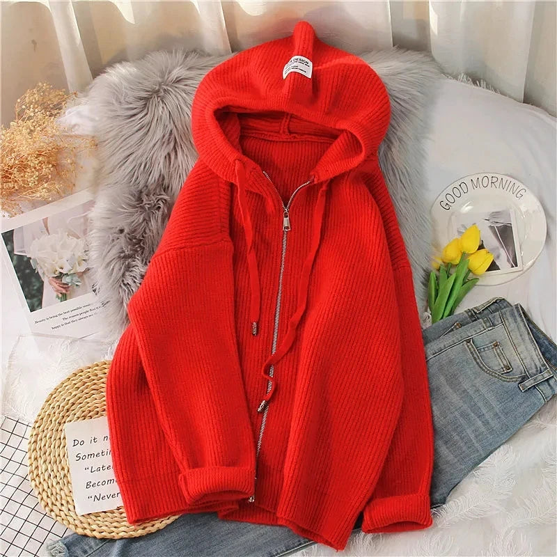 Women Cardigan Sweater Coat Hooded Fashion Solid color Sweater Female  zipper Knitted Spring Autumn Oversize Sweater Overcoat