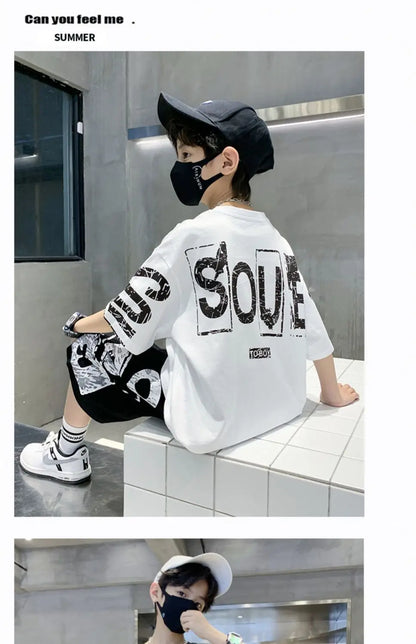 Boys Summer Trendy Casual Sports 2pcs T-shirts+Pants Suits 3-14 Years Teenage Boys Hip Hop Style Fashion Outfits Clothes Sets