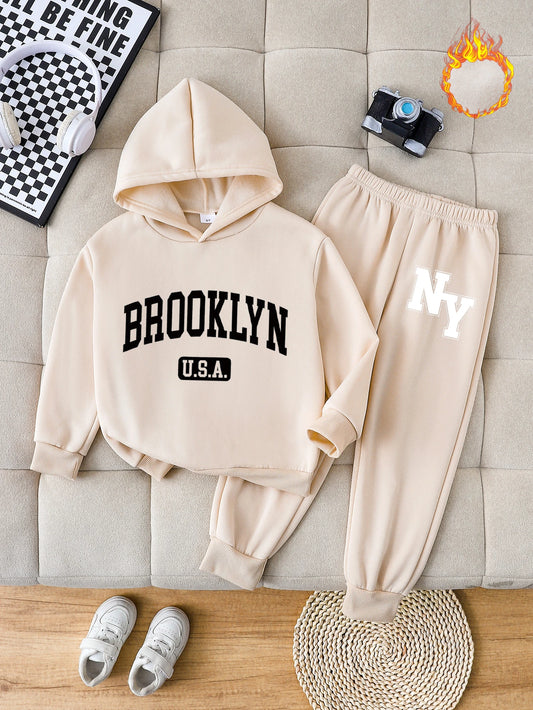 Boys Fashion Autumn and Winter Letters American Retro BROOKLYN All-match Printed Fleece Warm Sweater Hooded Pullover Casual Khak
