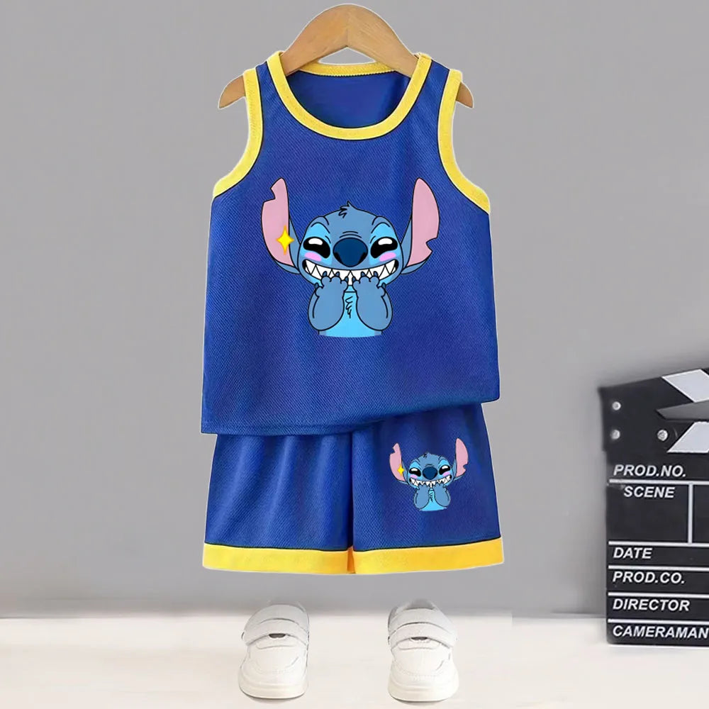 Summer Boys Basketball Clothes Sets Breathable Mesh Children's Casual Outfits Stitch Printed Kids Vest and Shorts 2pcs Suit New