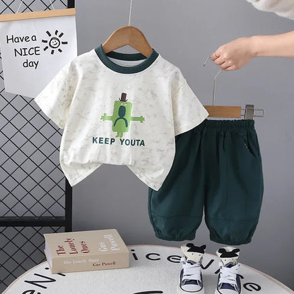 Boys' summer outfit set, baby's summer short sleeved two-piece set, children's Korean cartoon children's clothing, shorts