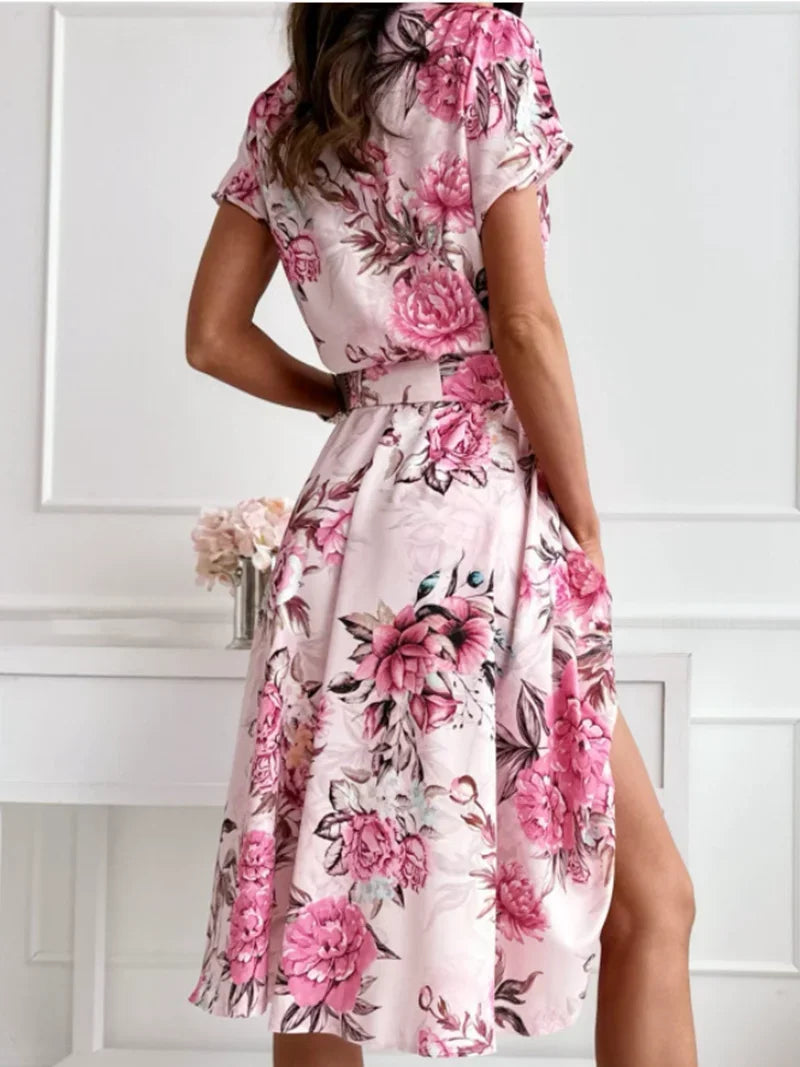Summer Women's Fashion Flower Print Short Sleeved Dress Elegant V-neck Button Belt Leisure Vacation Dress