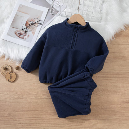 Girls Winter Casual Outfit Solid Color Fleece Thickened Hoodie Pants Clothes Set Half-Zip Children Sweater Sets