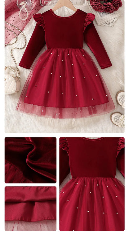 2025 Autumn Winter Girls' Christmas Party Dress with Bow, Elegant Princess Gown for Holiday Pageant & Formal Events