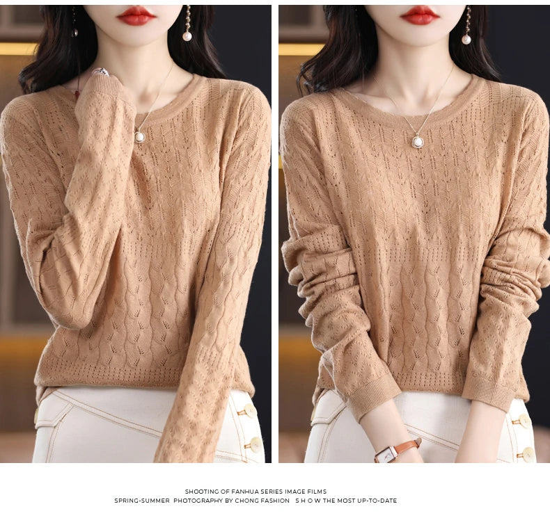 Worsted Wool Sweater Women's Spring 2023 New Western-Style Solid Color Round Neck Top With Long Sleeve Bottom Hollowed-Out Thin