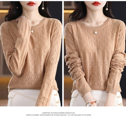 Worsted Wool Sweater Women's Spring 2023 New Western-Style Solid Color Round Neck Top With Long Sleeve Bottom Hollowed-Out Thin