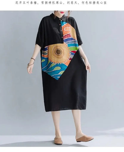 Women Summer Clothing 2025 New Style Literary Splicing Loose Printed Button Splicing Shirt Dress