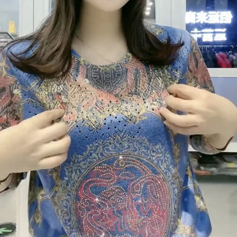 Autumn Winter O Neck Printing Diamonds Sweater Ladies Loose Casual Pullover Knitting Top Women Fashion Trend All-match Jumpers