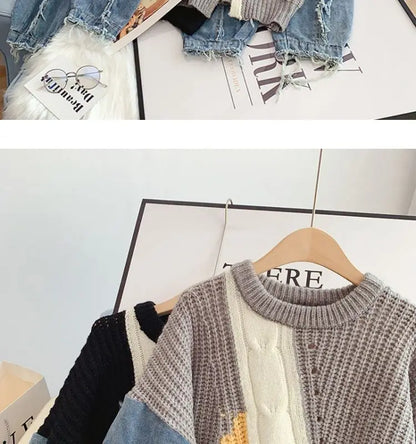 Loose Lazy Knitting Jacket, Pullover, Denim Sleeves, Splicing, Fashionable, Comfortable, Leisure, Autumn and Winter