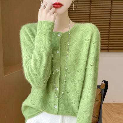 2024 Autumn And Winter New Round Neck Hollowed Out 100 Wool Knitted Cardigan Women's Versatile Coat Loose Casual Sweater DMR281