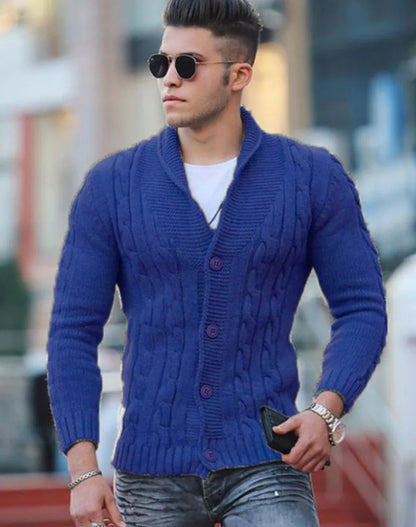 Autumn Winter Men's Warm Knitted Sweater Solid Single-breasted Twisted Texture Cardigan Lapel Slim Buttoned Thick Sweater Male