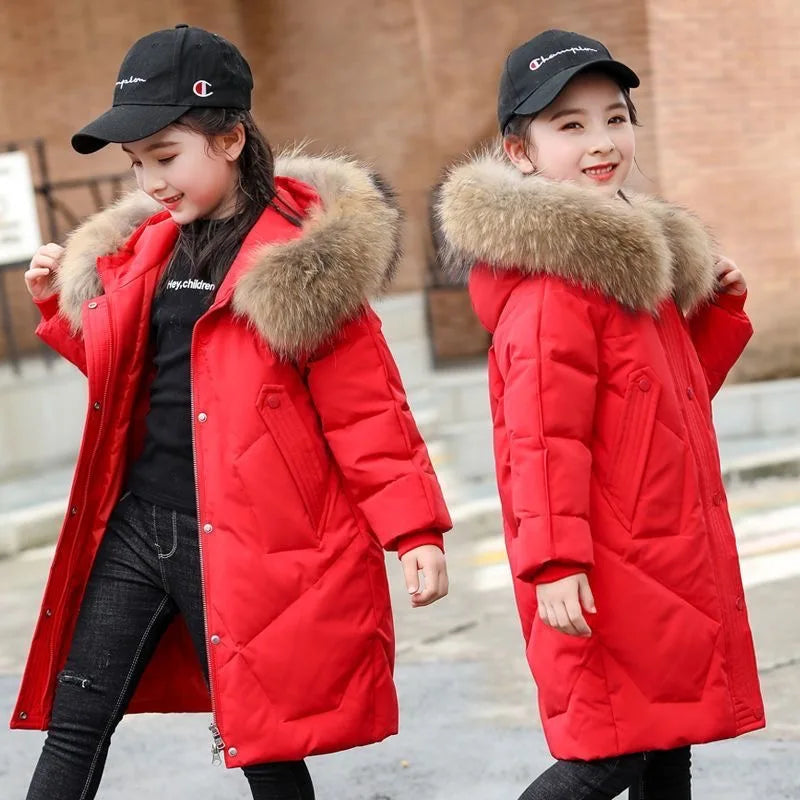 Winter Warm Jackets for Girls Two Colors Faux Fur Hooded Coat Kids White Duck Down Parkas Children Cotton Long Outwear