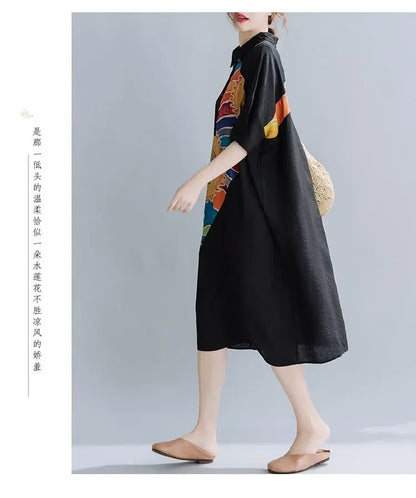Women Summer Clothing 2025 New Style Literary Splicing Loose Printed Button Splicing Shirt Dress