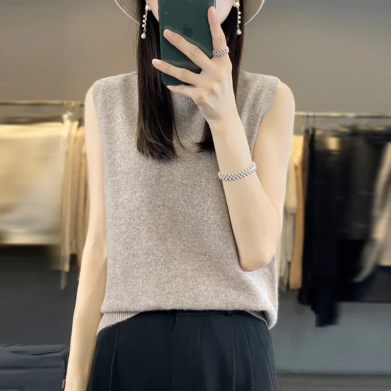 2024 Cashmere Vest Women's 100% Merino Wool Pullover Indoor Sleeveless Sweater Half-turtleneck Office Tops Waistcoat