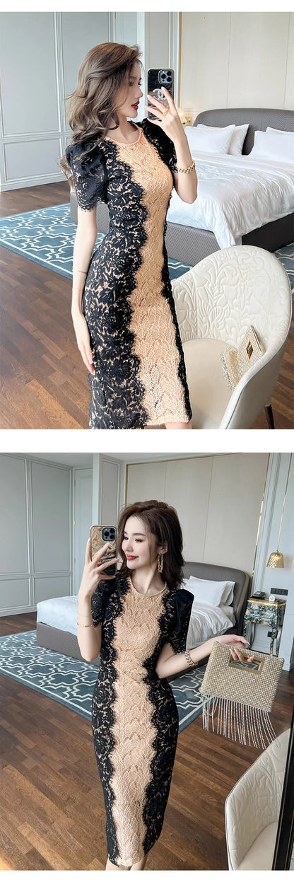 Fashion Summer Elegant Evening Dress For Women Lace Chic Short Sleeve Slim Midi Party Gown Mujer Stretchy Vestido Street Clothes