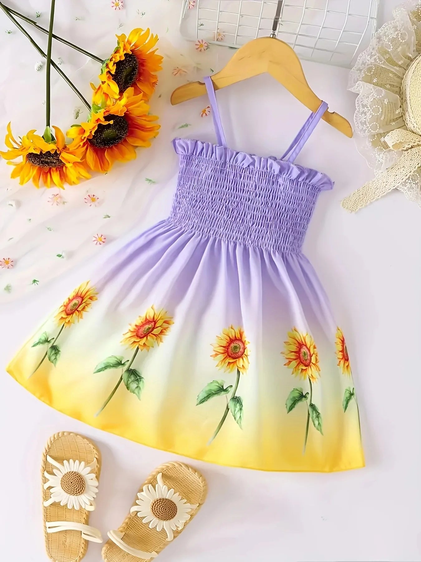 Summer style dress for girls aged 1-8, with suspender straps, pleated sunflower print, rustic style, for baby girls
