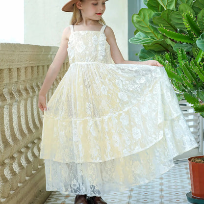 Summer Dress Girls Lace Flower Embroidery Dress Backless Toddler Bohemian Long Dress For Kids Birthday Wedding Party Beach Wear