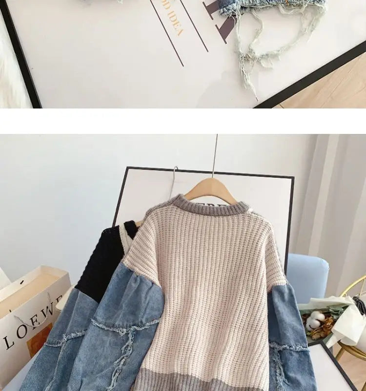 Loose Lazy Knitting Jacket, Pullover, Denim Sleeves, Splicing, Fashionable, Comfortable, Leisure, Autumn and Winter