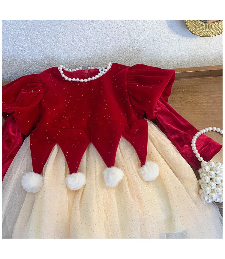 Winter Bow Sequin Dress for Girls' 2025 New Fashion Baby Red Christmas Dresses Velvet Patchwork Mesh A-line Princess Dress