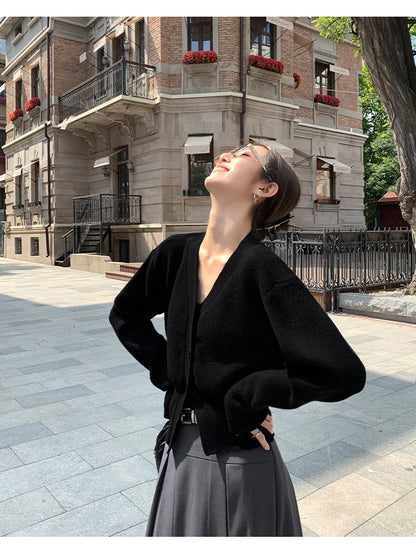 Zjaiss 2025 Autumn Winter Elegance Solid Color V-neck Sweater Knitted Casual Cardigan Unique And Niche Slim Fit Tops