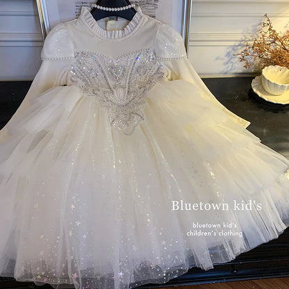 Girls' Winter Dress Light Luxury High End Birthday Banquet Performance Flower Girl Sleeve Thickened Skirt Plush Princess Dress