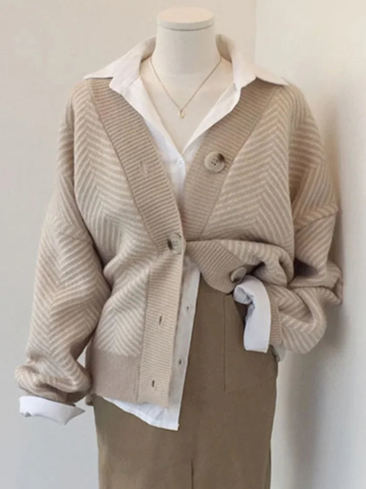 Winter Women Casual Striped Loose Cardigan Sweater V Neck Bottons Sweater Autumn Long Sleeve Knitted Coat Elegant Winter Clothes