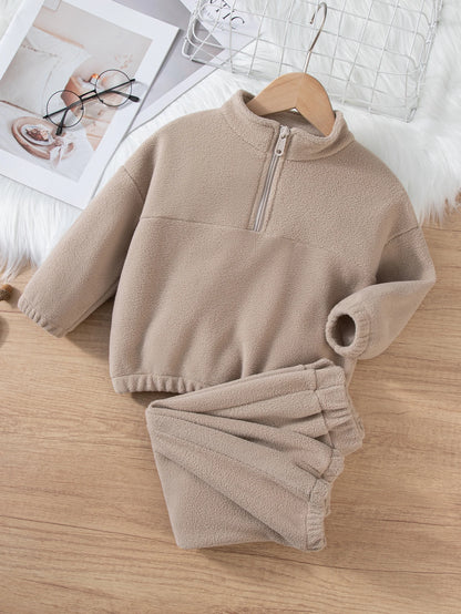 Girls Winter Casual Outfit Solid Color Fleece Thickened Hoodie Pants Clothes Set Half-Zip Children Sweater Sets
