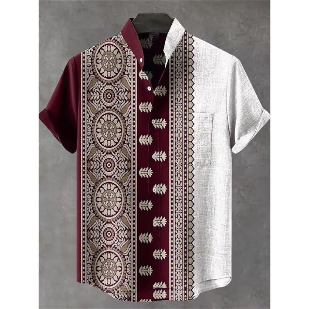 Men's summer shirt, fashionable stand up collar short sleeved cardigan, ethnic tribal printed pocket, linen breathable men's top