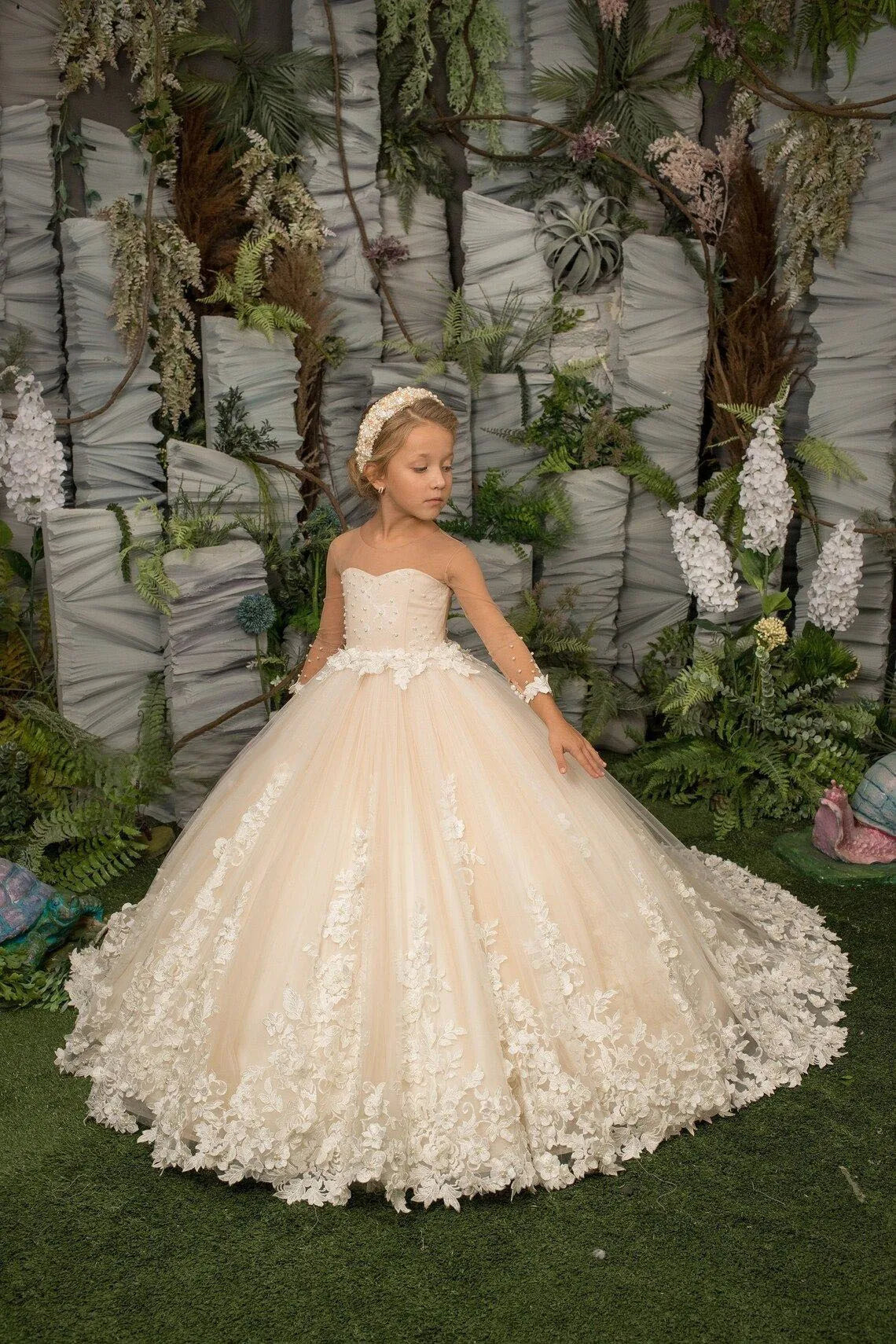 Flower Girl Dress Floral Lace Applique Children Wedding Party Gowns New Kids Clothes Princess First Communion Dress