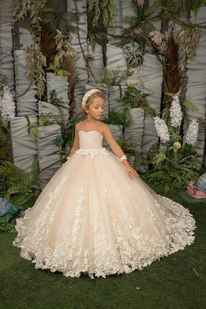 Flower Girl Dress Floral Lace Applique Children Wedding Party Gowns New Kids Clothes Princess First Communion Dress