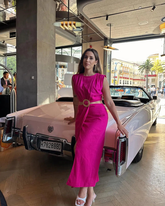 Summer Dress For Women 2024 Solid Waist Hollow Out O-Neck Sleeveless Slit Long Dresses Wild Casual Beach Woman Even Dress