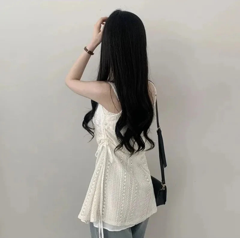 Summer Dress Women Chic French Lace Stitching Sling Shirt Stacked Gauze Knitted Dress Overskirt Inner Wear Base Short Dress