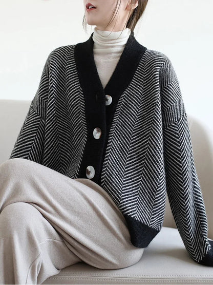Winter Women Casual Striped Loose Cardigan Sweater V Neck Bottons Sweater Autumn Long Sleeve Knitted Coat Elegant Winter Clothes
