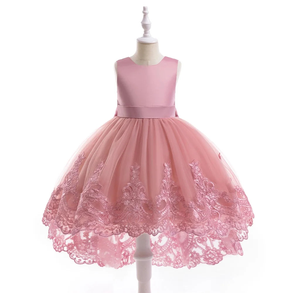 Trailing Party Dresses For Girl Pink Flower Bow Wedding Bridesmaid Girls Dress Elegant Tulle Birthday Princess Evening Prom Gown