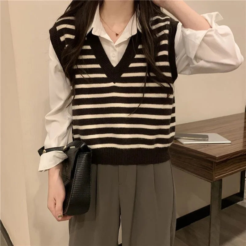 Women Autumn Winter Preppy Style Sweater Vest New Fashion Pullover Elastic Knit Ladies Jumper Casual Stripped Female Basic Tops