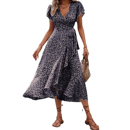 Women's Summer Flower Print Ruffle Dress Fashion 2025 Elegant Short Sleeve Wrap V Neck Tie Side Dresses